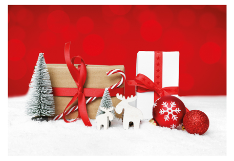 [RPO 4251405900273 M0017] Reliefpostkarten (RF) Motiv: Weihnachtsmotiv mit Geschenken, Elchen, rot-weiß